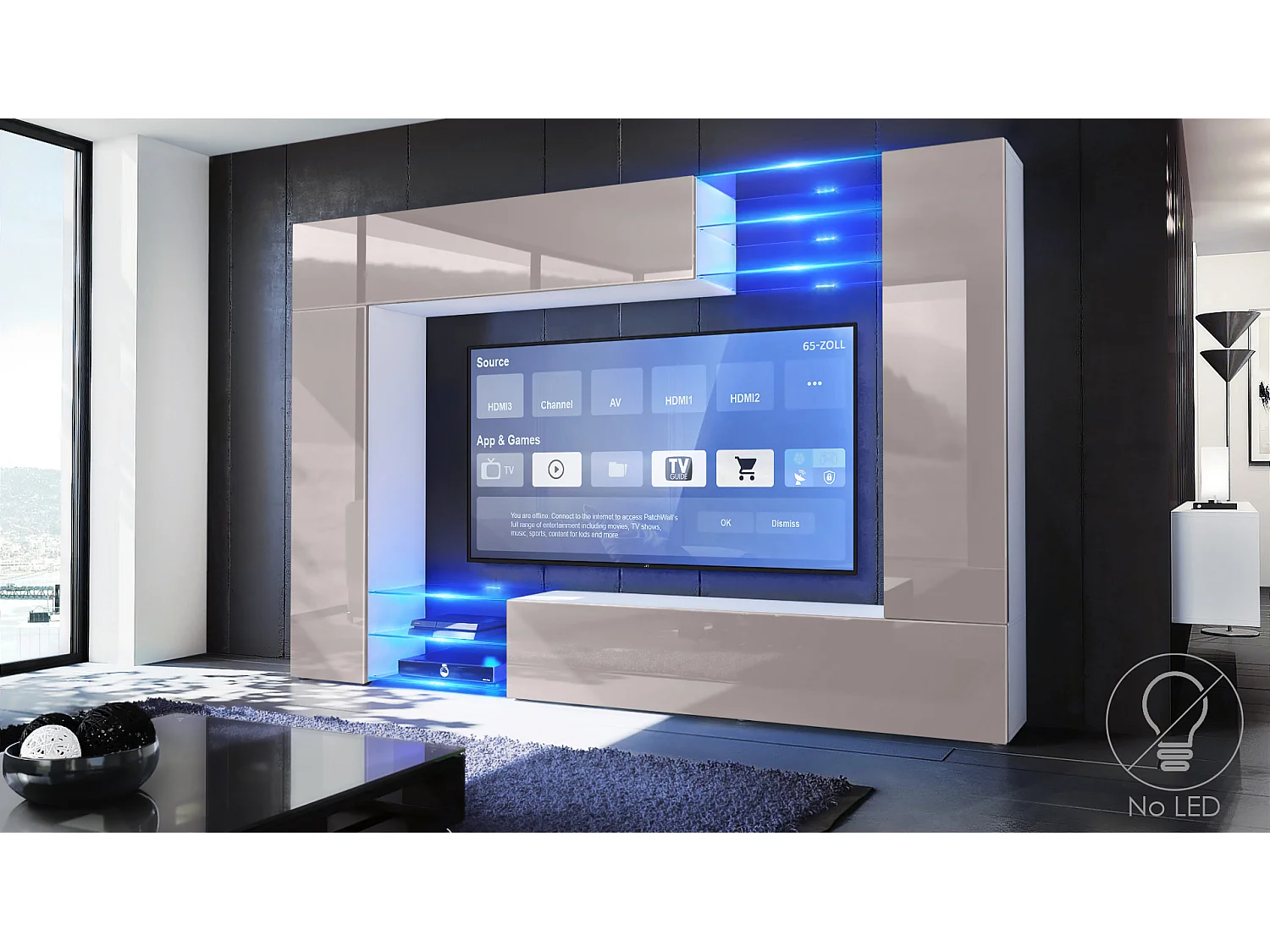 Set da soggiorno  Mirage, Parete attrezzata con 2 ante, 2 ante a ribalta e 6 ripiani a giorno in vetro, bianco opaco/grigio sabbia lucido (262 x 183 x 39 cm)