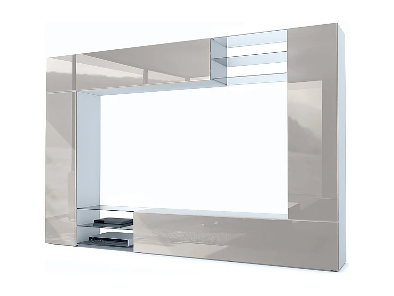 Meuble TV mural Mirage, Ensemble étagère TV et 2 portes, 2 clapets et 6 étagères en verre, Blanc mat/Gris sable brillant (262 x 183 x 39 cm)
