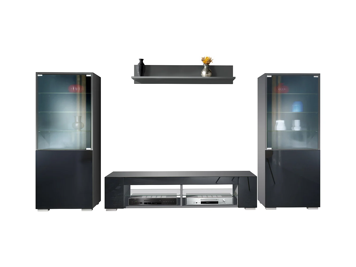 Ensemble mural Nevada V2, meuble de salon composé de 2 vitrines, 1 meuble TV et 1 étagère murale, Anthracite mat/noir haute brillance (304,5 x 141 x 39 cm)