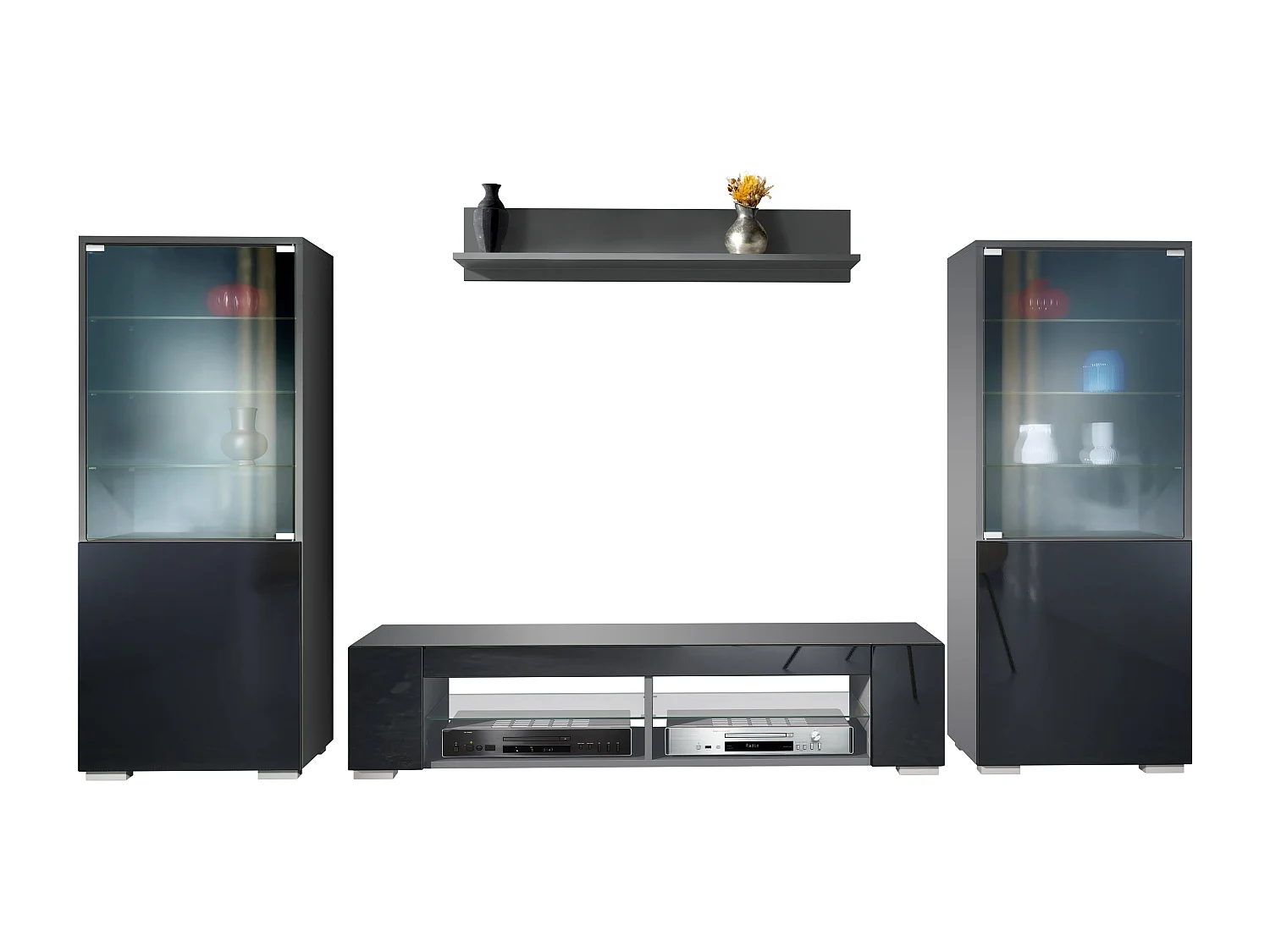 Mueble de pared Nevada V2, conjunto de salón compuesto por 2 vitrinas, 1 mueble de TV y 1 estante de pared,Antracita mate/negro de alto brillo (304,5 x 141 x 39 cm)