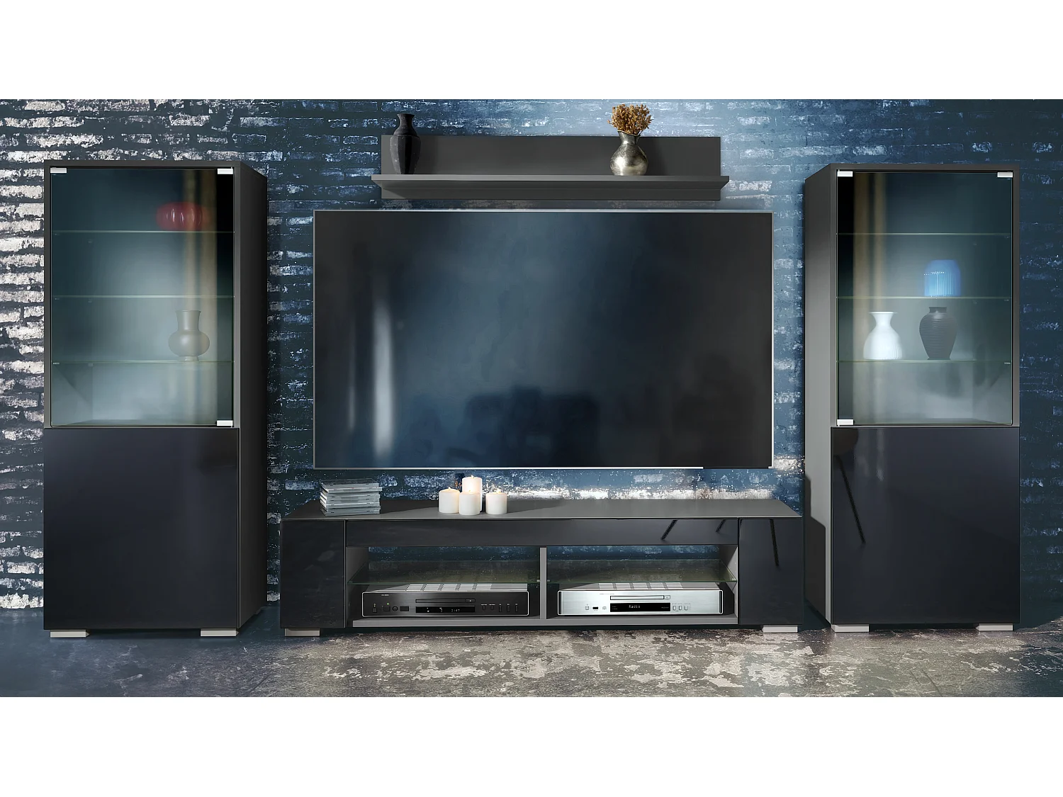 Mueble de pared Nevada V2, conjunto de salón compuesto por 2 vitrinas, 1 mueble de TV y 1 estante de pared,Antracita mate/negro de alto brillo (304,5 x 141 x 39 cm)