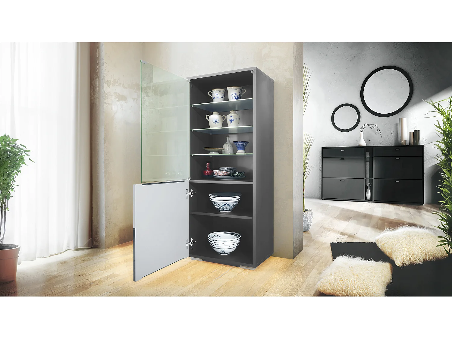 Mueble de pared Nevada V2, conjunto de salón compuesto por 2 vitrinas, 1 mueble de TV y 1 estante de pared,Antracita mate/negro de alto brillo (304,5 x 141 x 39 cm)
