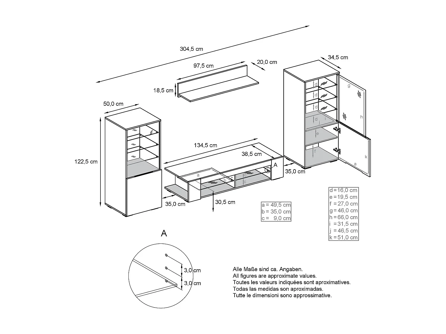Mueble de pared Nevada V2, conjunto de salón compuesto por 2 vitrinas, 1 mueble de TV y 1 estante de pared,Antracita mate/negro de alto brillo (304,5 x 141 x 39 cm)