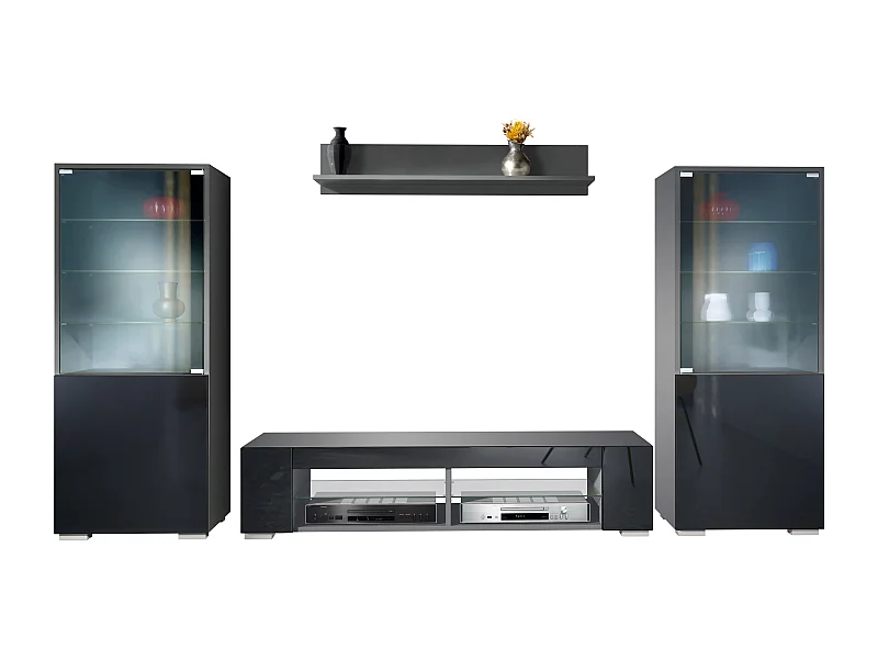 Parete attrezzata Nevada V2, composizione soggiorno composta da 2 vetrine, 1 mobile TV e 1 mensola a muro, Antracite opaco/nero lucido (304,5 x 141 x 39 cm)