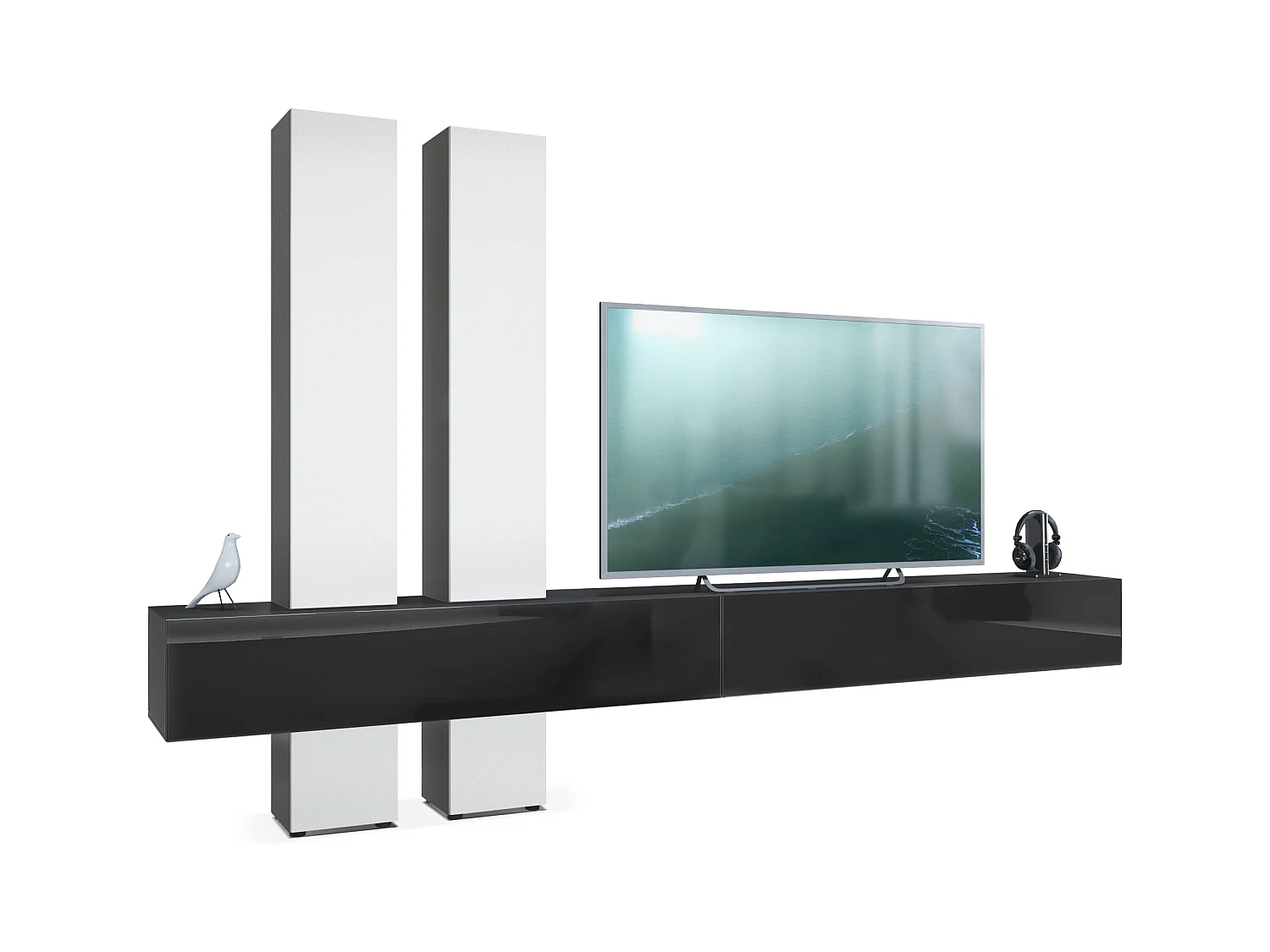 Vladon mueble alto Moja - Negro mate & Negro/blanco mate - Mueble alto moderno para su salón (AxAxP) 330 x 204 x 39