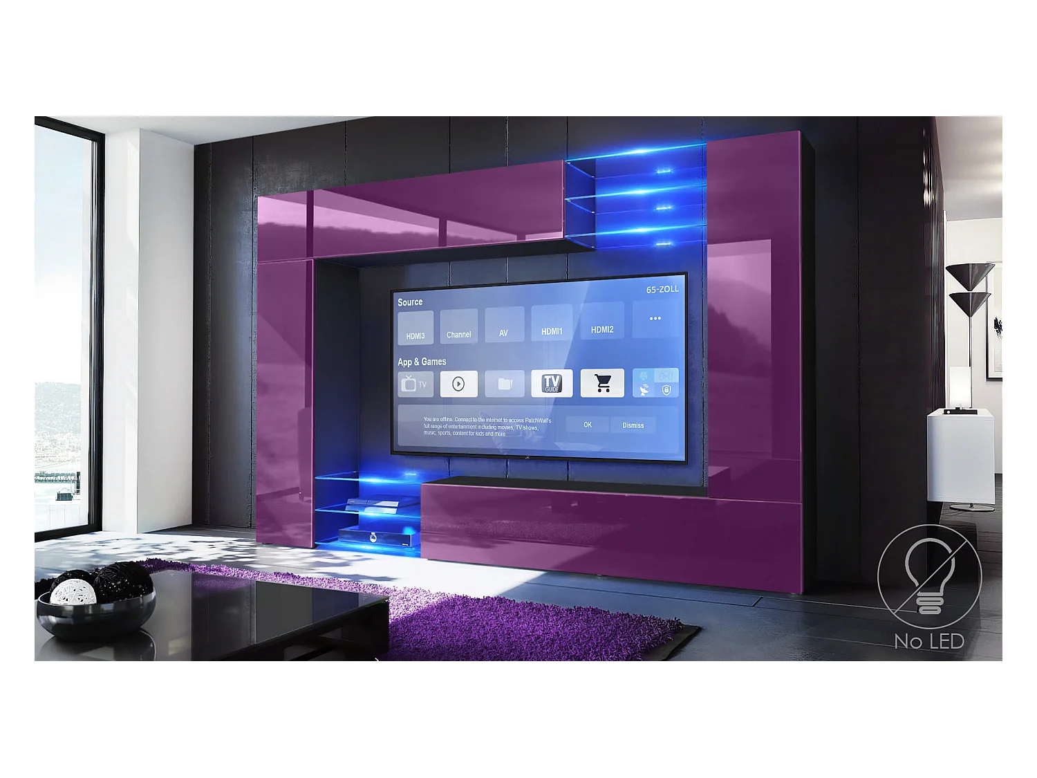 Meuble TV mural Mirage, Ensemble étagère TV avec panneau arrière et 2 portes, 2 clapets et 6 étagères en verre, Noir mat/Mûre brillant (262 x 183 x 39 cm)