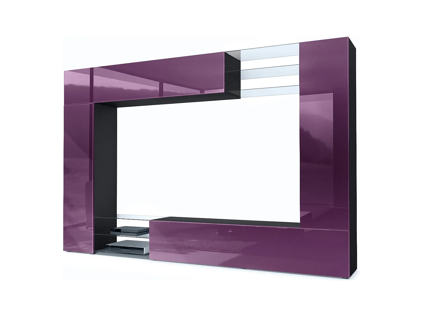 Meuble TV mural Mirage, Ensemble étagère TV avec panneau arrière et 2 portes, 2 clapets et 6 étagères en verre, Noir mat/Mûre brillant (262 x 183 x 39 cm)