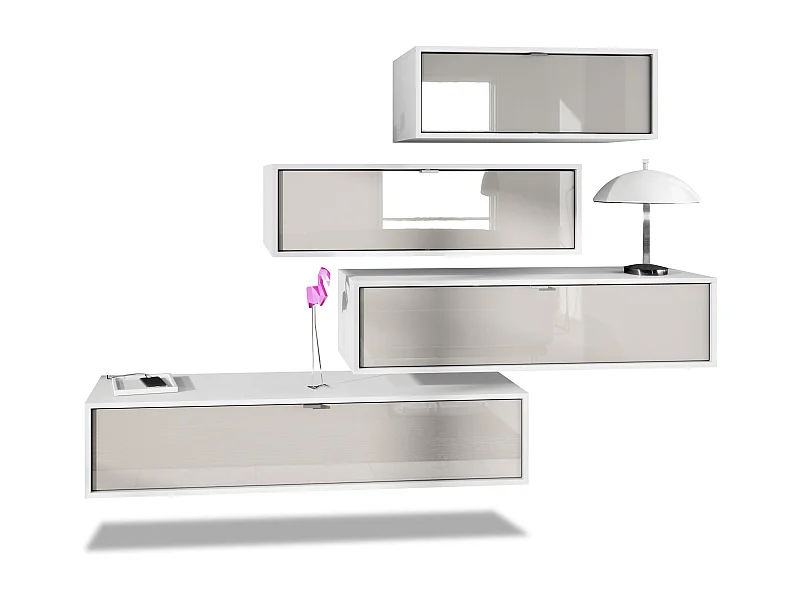 Mueble de pared Lana V3 unidad de pared compuesta por 4 unidades de pared con 10 compartimentos, cuerpo en Blanco mate, frentes en Gris arena de alto brillo