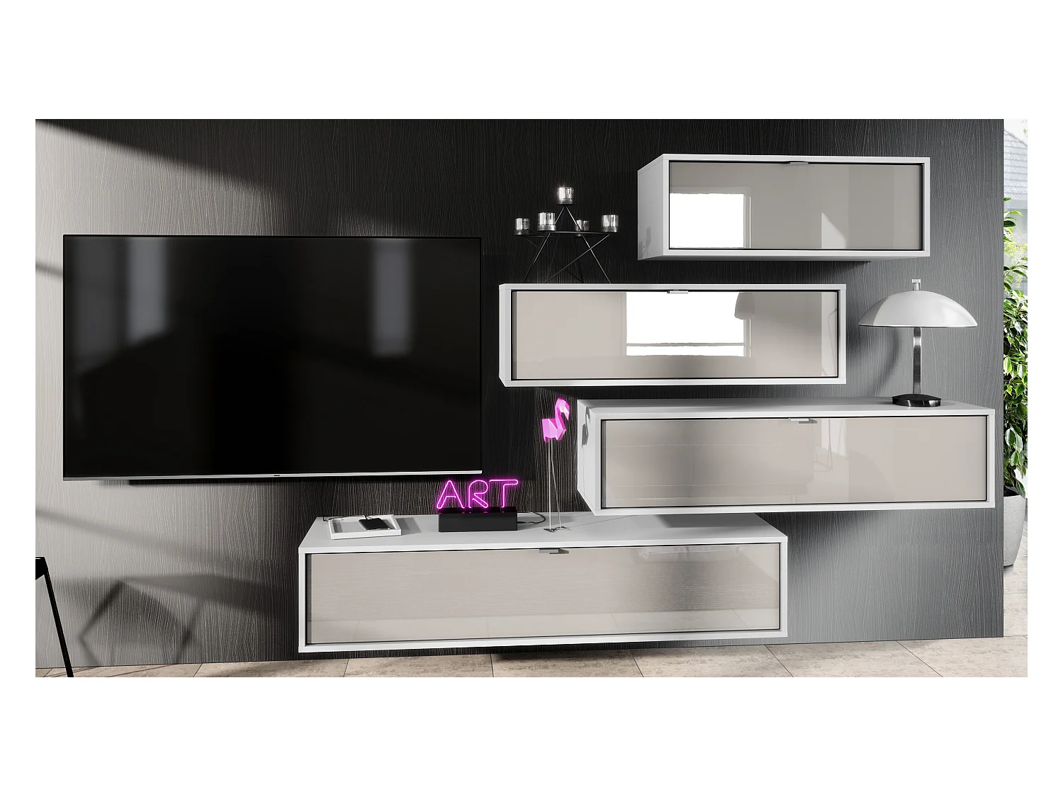 Unité murale Lana V3 composée de 4 unités murales à 10 compartiments, caisson en Blanc mat, façades en Gris sable haute brillance