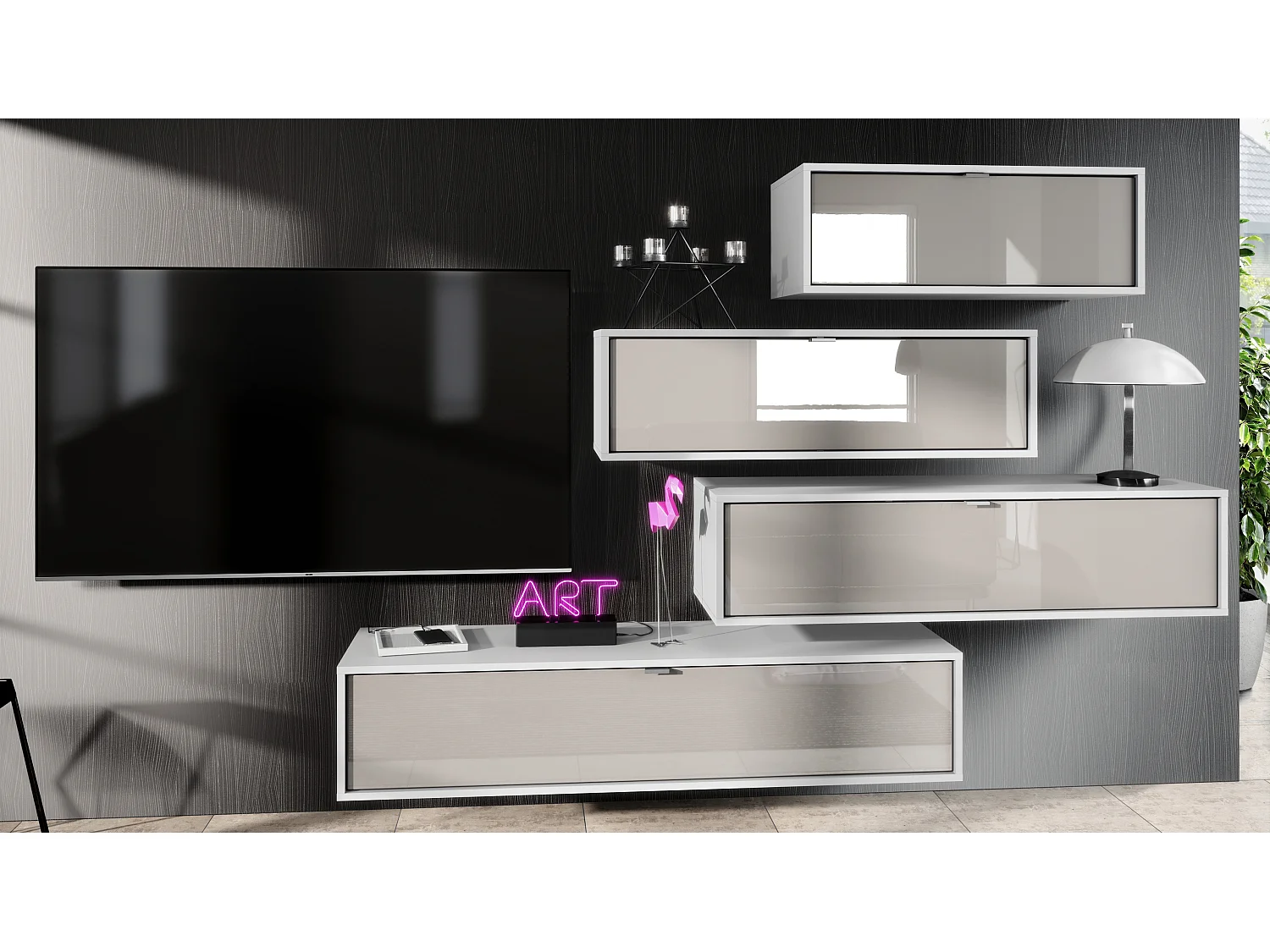 Unité murale Lana V3 composée de 4 unités murales à 10 compartiments, caisson en Blanc mat, façades en Gris sable haute brillance