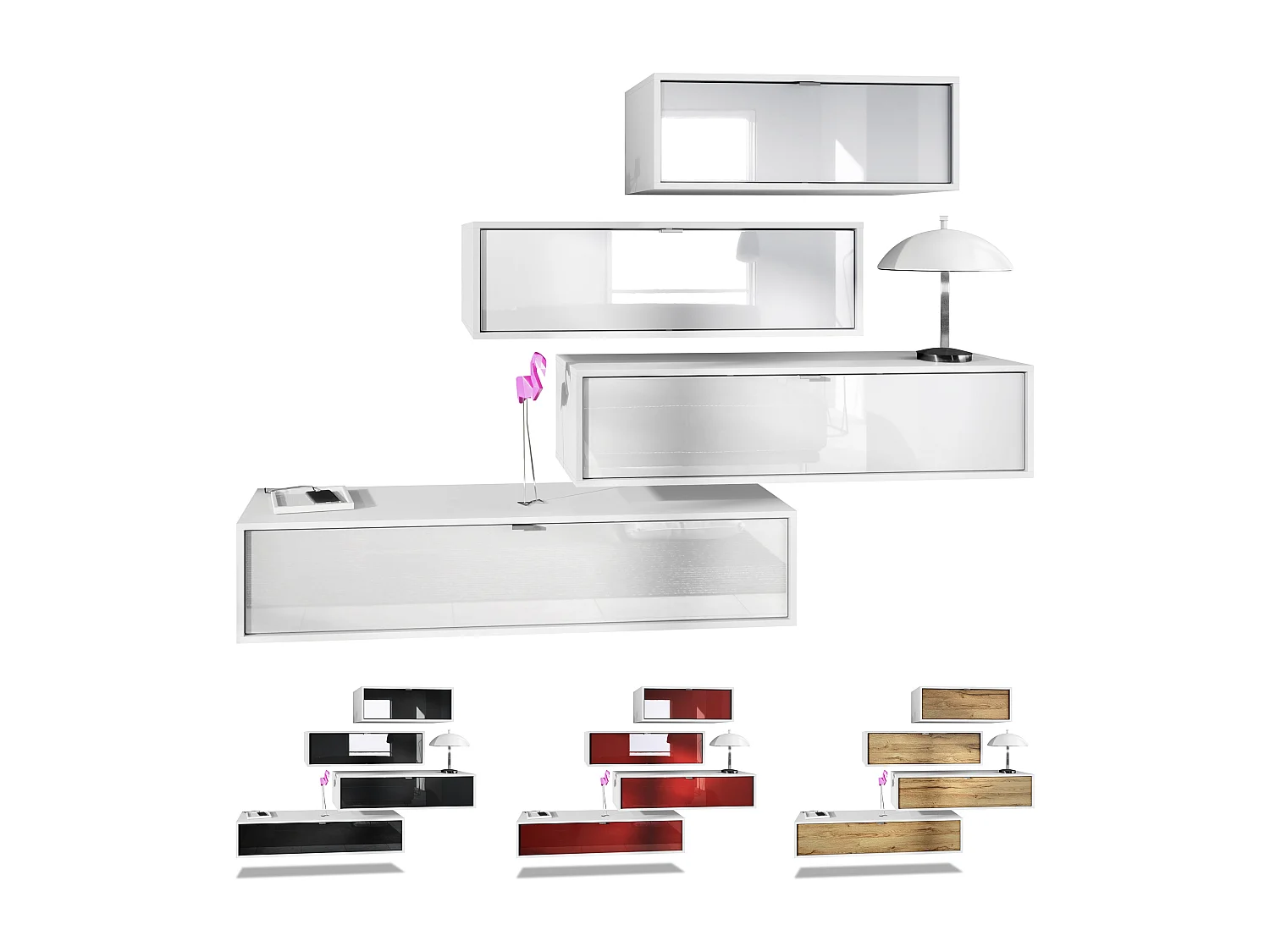 Unité murale Lana V3 composée de 4 unités murales à 10 compartiments, caisson en Blanc mat, façades en Gris sable haute brillance