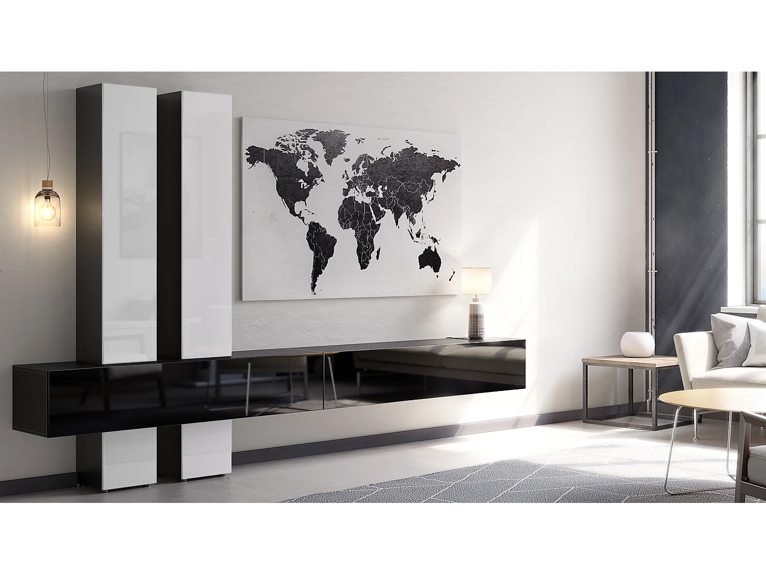 Meuble-paroi Moja de  - Noir mat & noir/blanc haute brillance - Meuble-paroi moderne pour votre salon (LxHxP) 330 x 204 x 39 cm