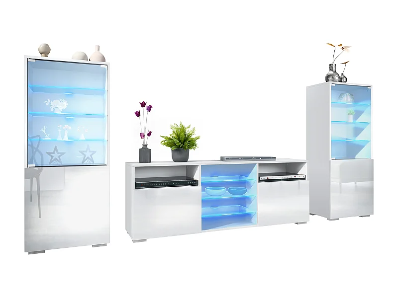 Mobile parete Granada per soggiorno, composto da 2 vetrine e 1 mobile TV, bianco opaco/bianco lucido incl. illuminazione a LED (286 x 122,5 x 35 cm)