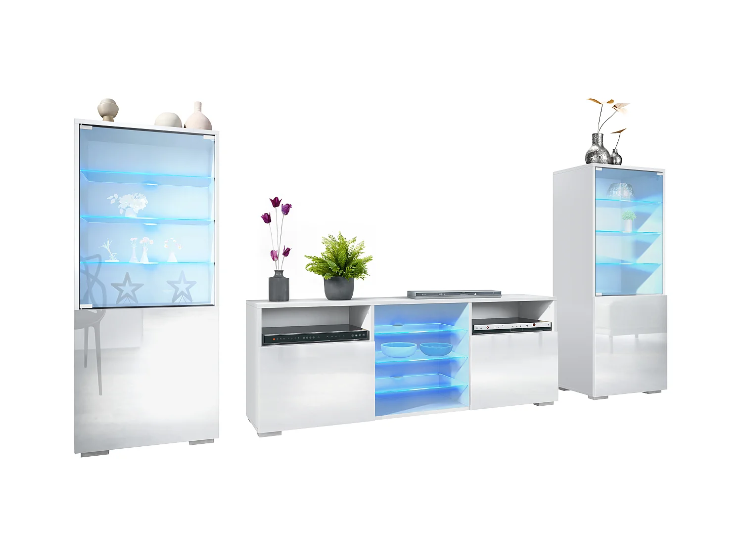 Ensemble mural Granada pour salon, comprenant 2 vitrines et 1 meuble TV, blanc mat/blanc haute brillance éclairage LED inclus (286 x 122,5 x 35 cm)