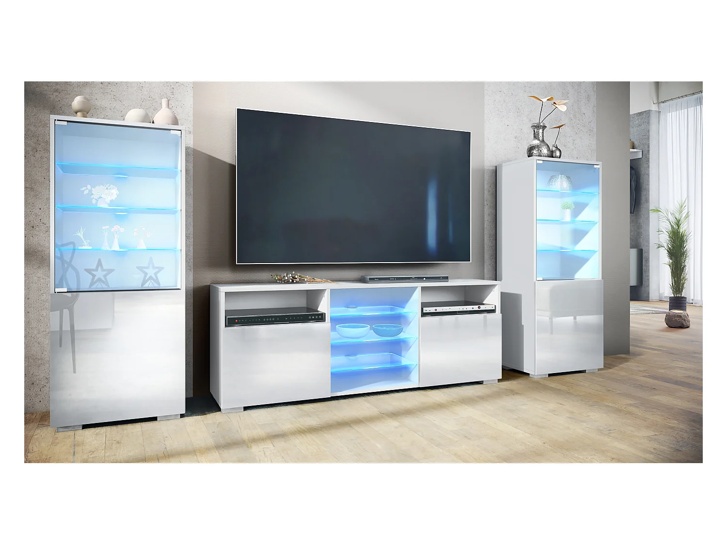 Ensemble mural Granada pour salon, comprenant 2 vitrines et 1 meuble TV, blanc mat/blanc haute brillance éclairage LED inclus (286 x 122,5 x 35 cm)