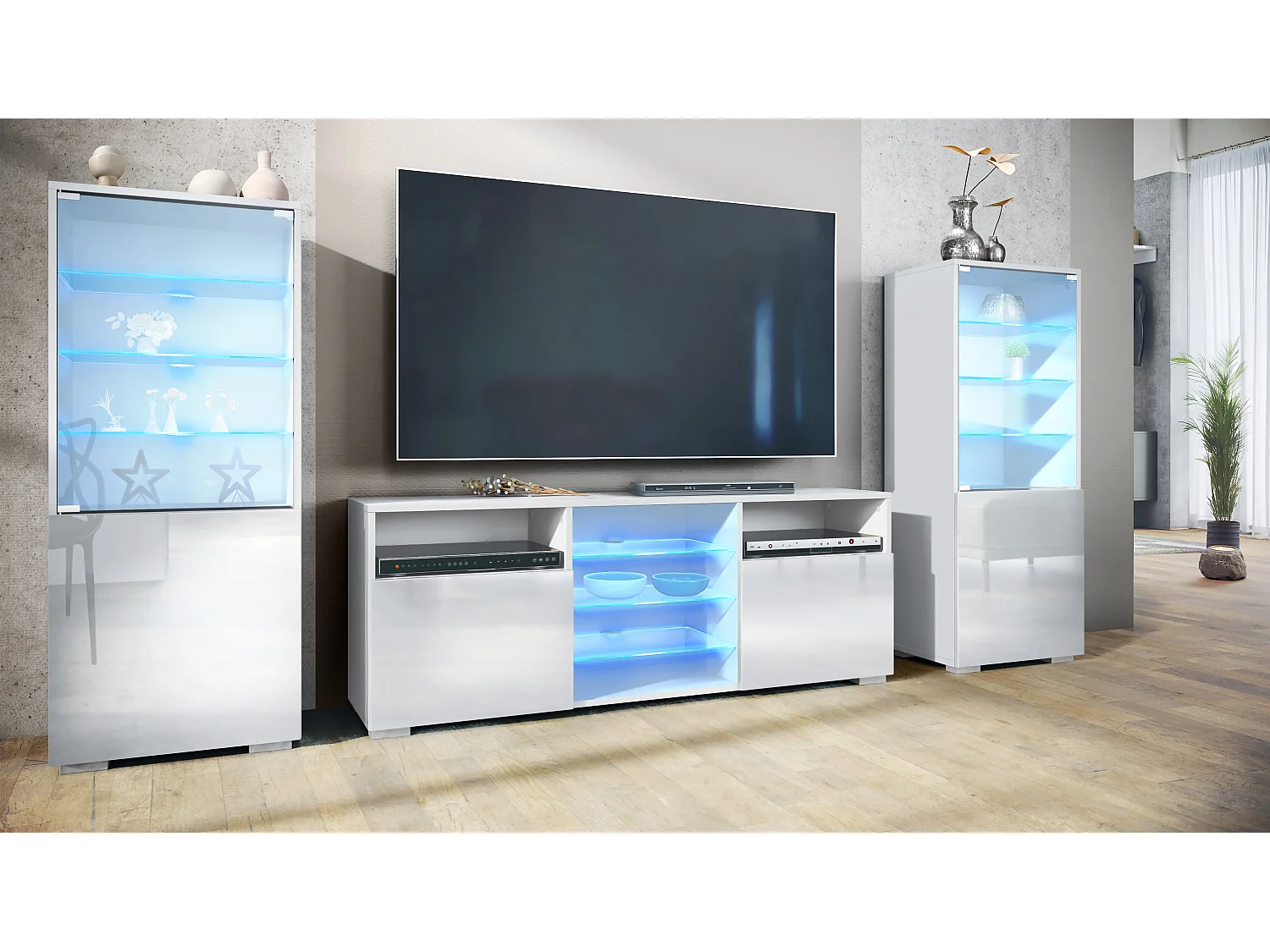 Ensemble mural Granada pour salon, comprenant 2 vitrines et 1 meuble TV, blanc mat/blanc haute brillance éclairage LED inclus (286 x 122,5 x 35 cm)