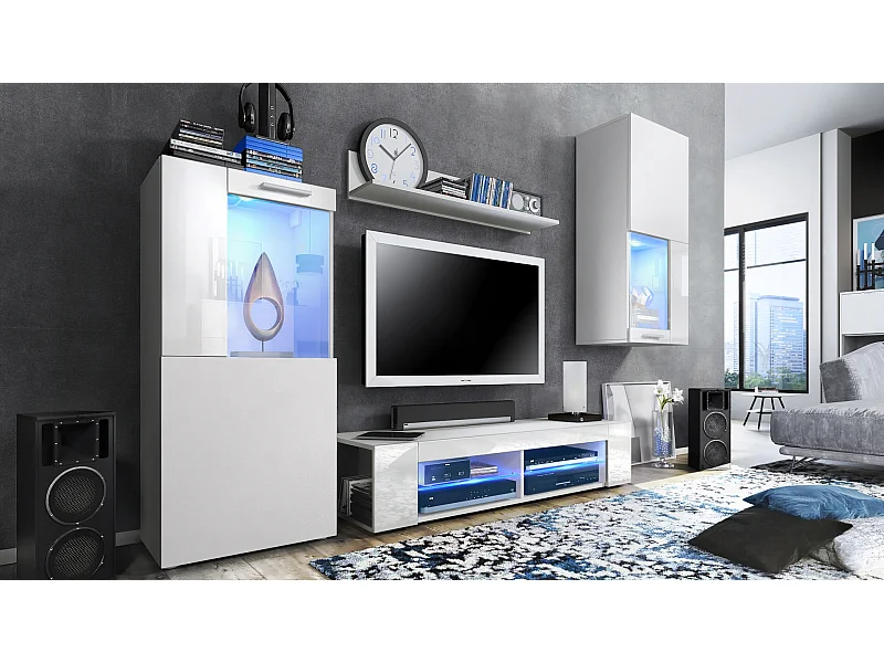 Ensemble de salon Movie comprenant 1 meuble bas TV, 2 vitrines et 1 étagère, Blanc mat/Blanc haute brillance, (Dimensions totales : 300 x 190 x 39 cm)