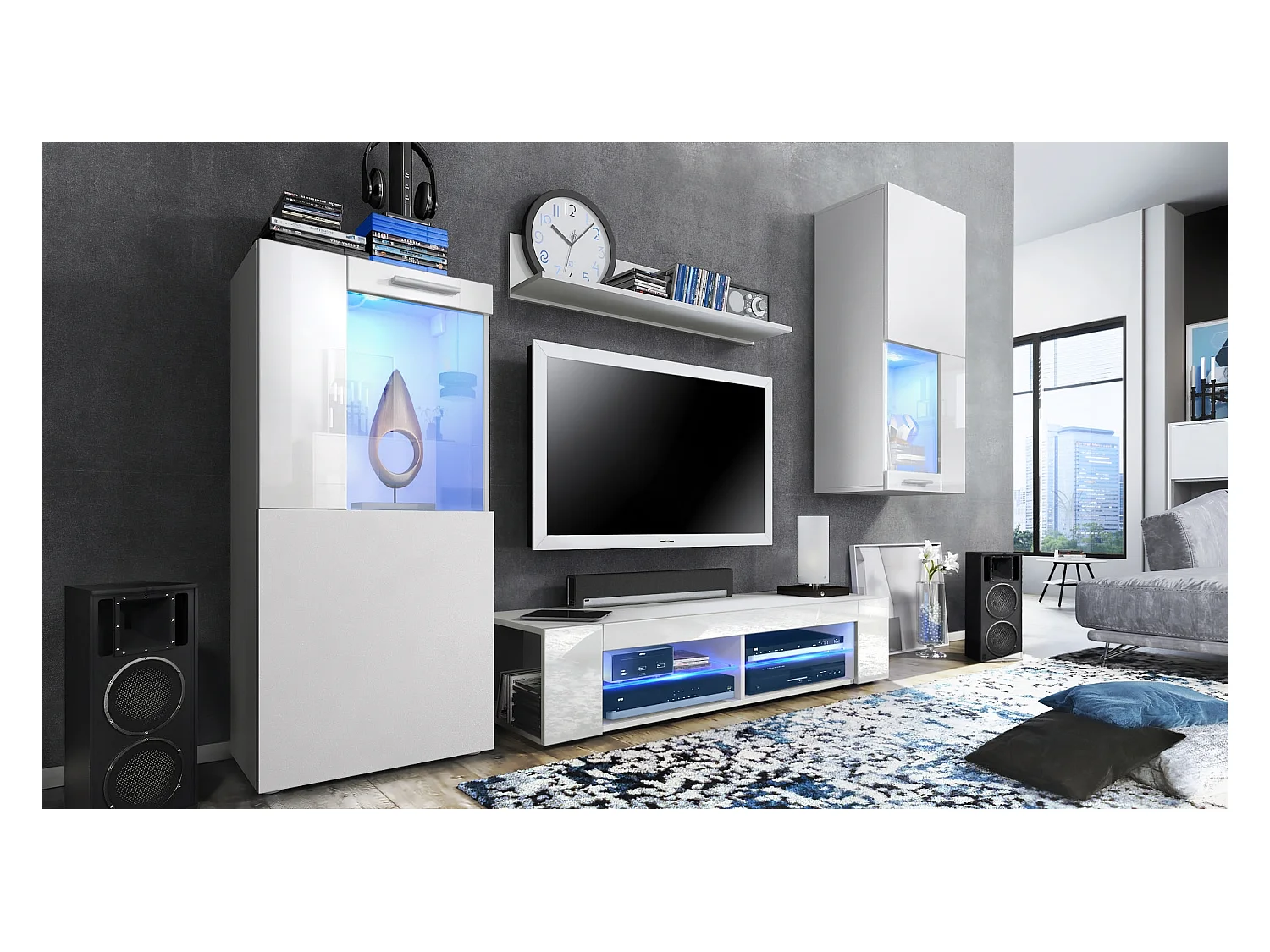 Ensemble de salon Movie comprenant 1 meuble bas TV, 2 vitrines et 1 étagère, Blanc mat/Blanc haute brillance, (Dimensions totales : 300 x 190 x 39 cm)