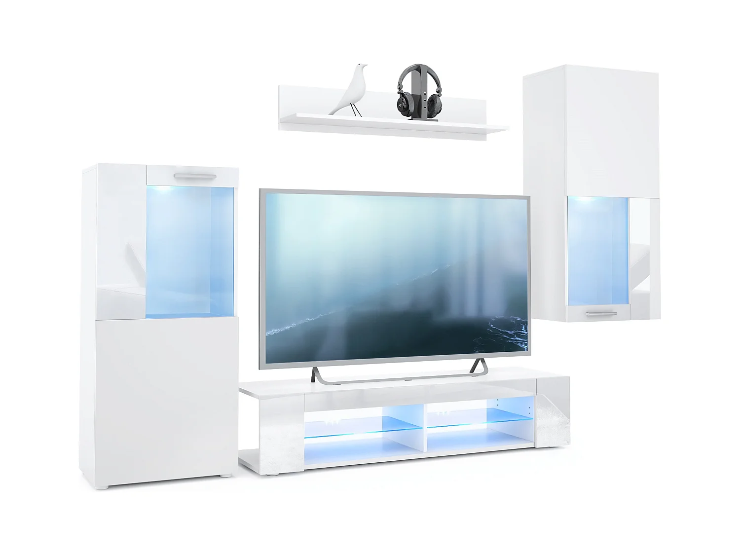 Ensemble de salon Movie comprenant 1 meuble bas TV, 2 vitrines et 1 étagère, Blanc mat/Blanc haute brillance, (Dimensions totales : 300 x 190 x 39 cm)