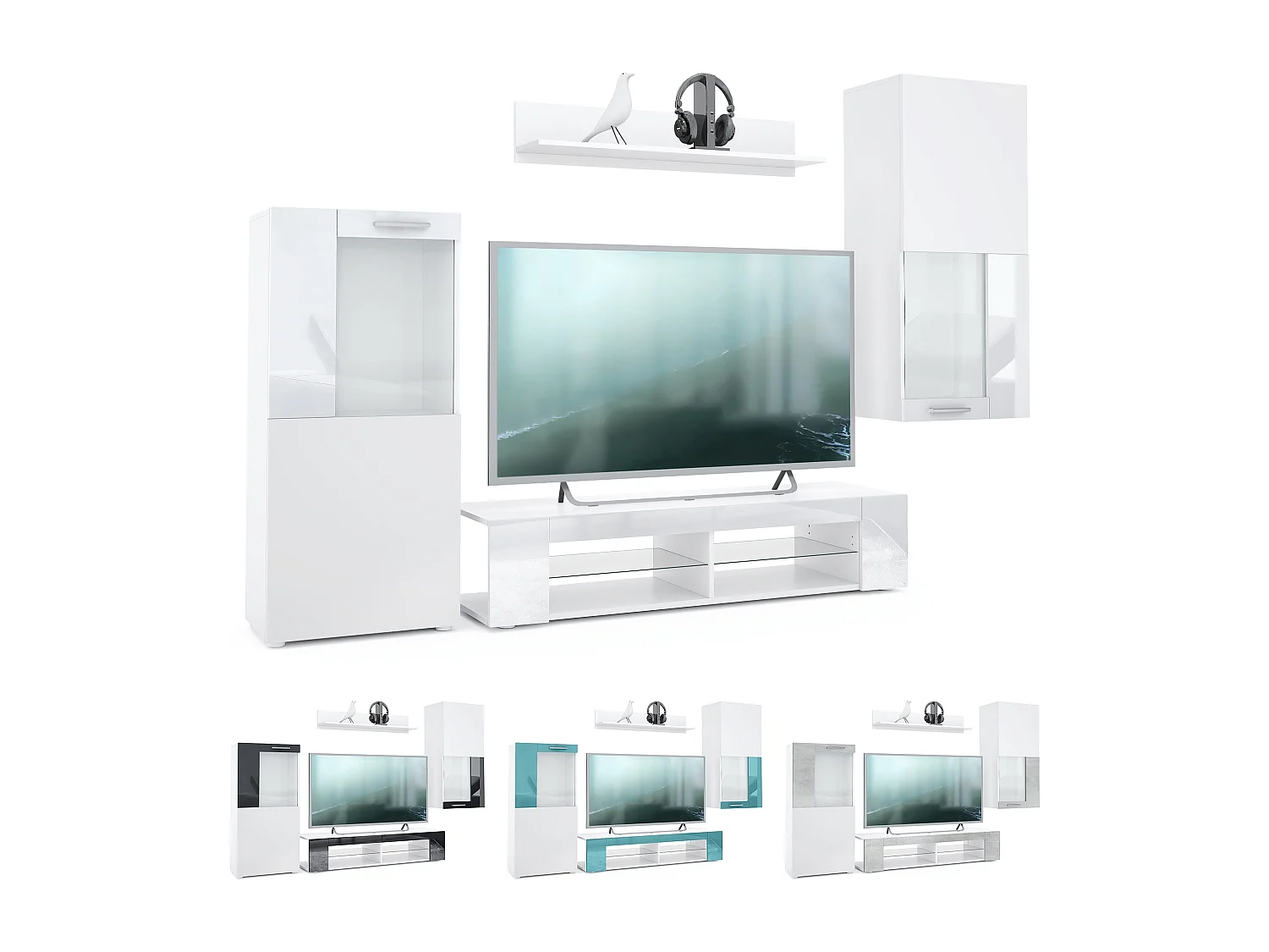 Ensemble de salon Movie comprenant 1 meuble bas TV, 2 vitrines et 1 étagère, Blanc mat/Blanc haute brillance, (Dimensions totales : 300 x 190 x 39 cm)