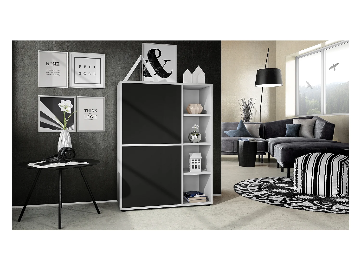 Ensemble pour salon Miami, composé de deux buffets hauts avec un total de 6 portes et 8 compartiments, corps en blanc mat, façades en noir mat.