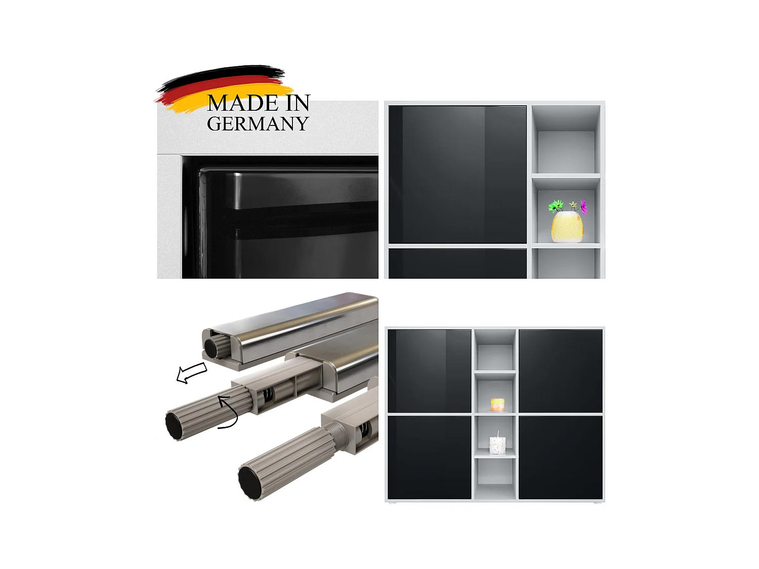 Ensemble pour salon Miami, composé de deux buffets hauts avec un total de 6 portes et 8 compartiments, corps en blanc mat, façades en noir mat.