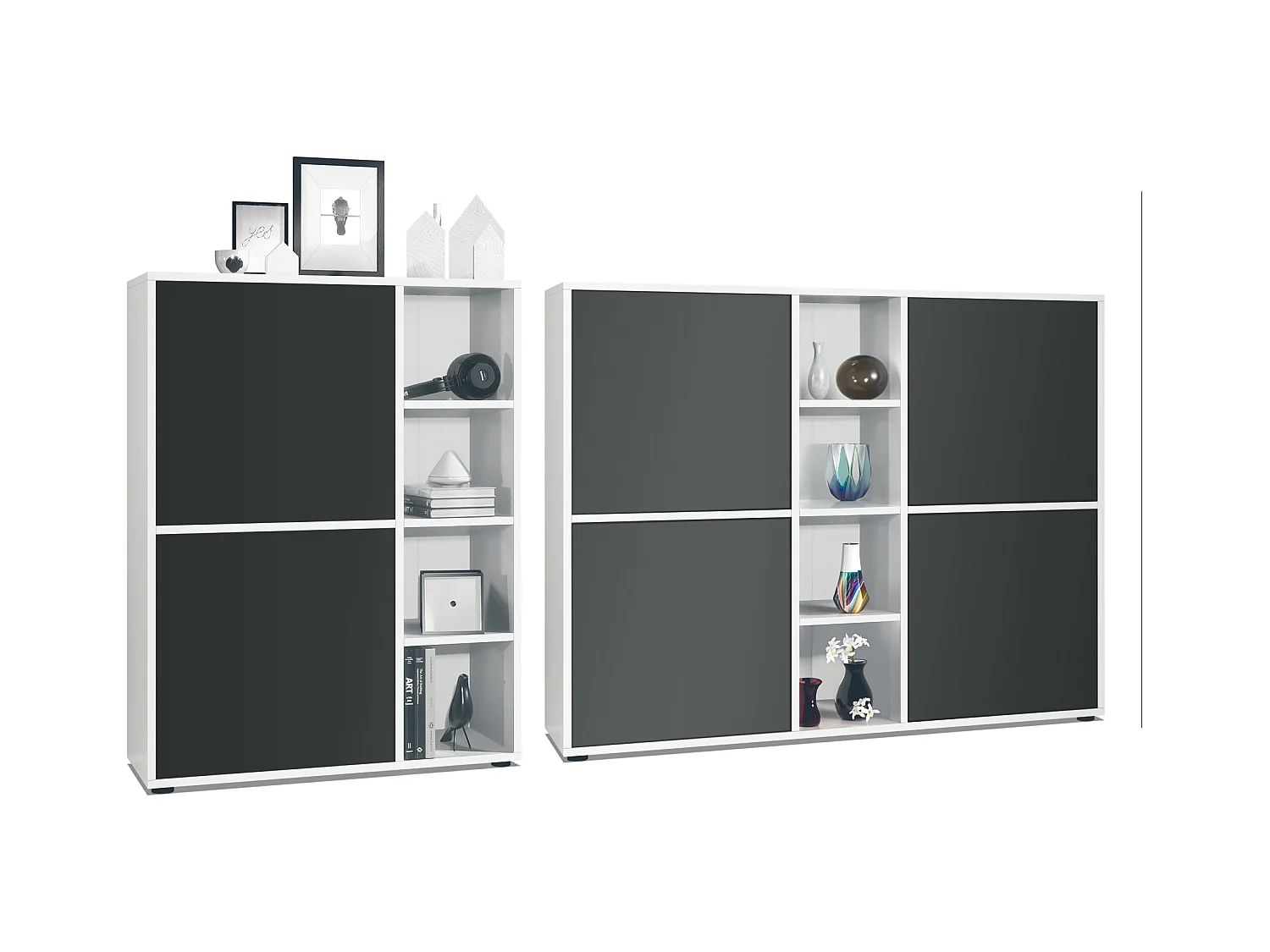 Ensemble pour salon Miami, composé de deux buffets hauts avec un total de 6 portes et 8 compartiments, corps en blanc mat, façades en noir mat.