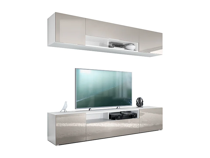 Vladon pared viva Mogan, blanco mate/gris arena de alto brillo - Moderno mueble alto compuesto por 2 estantes para TV (181 x 147 x 35 cm)