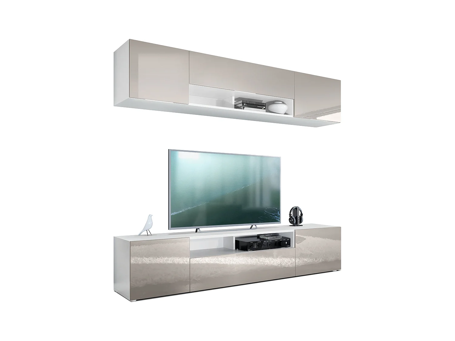 Meuble-paroi Mogan, blanc mat/gris sable haute brillance - Meuble mural moderne composé de 2 étagères TV (181 x 147 x 35 cm)