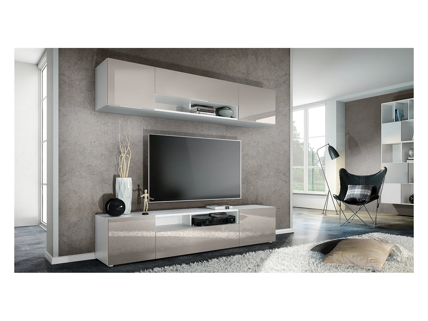 Meuble-paroi Mogan, blanc mat/gris sable haute brillance - Meuble mural moderne composé de 2 étagères TV (181 x 147 x 35 cm)