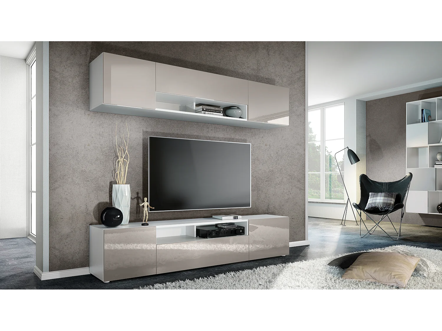 WOHNWAND Mogan Fronten in Sandgrau Hochglanz