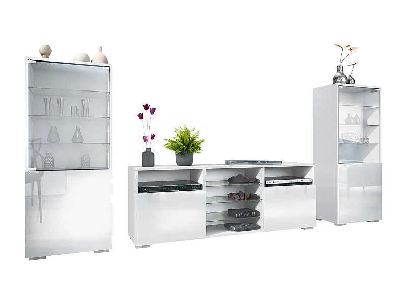 Mobile parete Granada per soggiorno, composto da 2 vetrine e 1 mobile TV, bianco opaco/bianco lucido (286 x 122,5 x 35 cm)