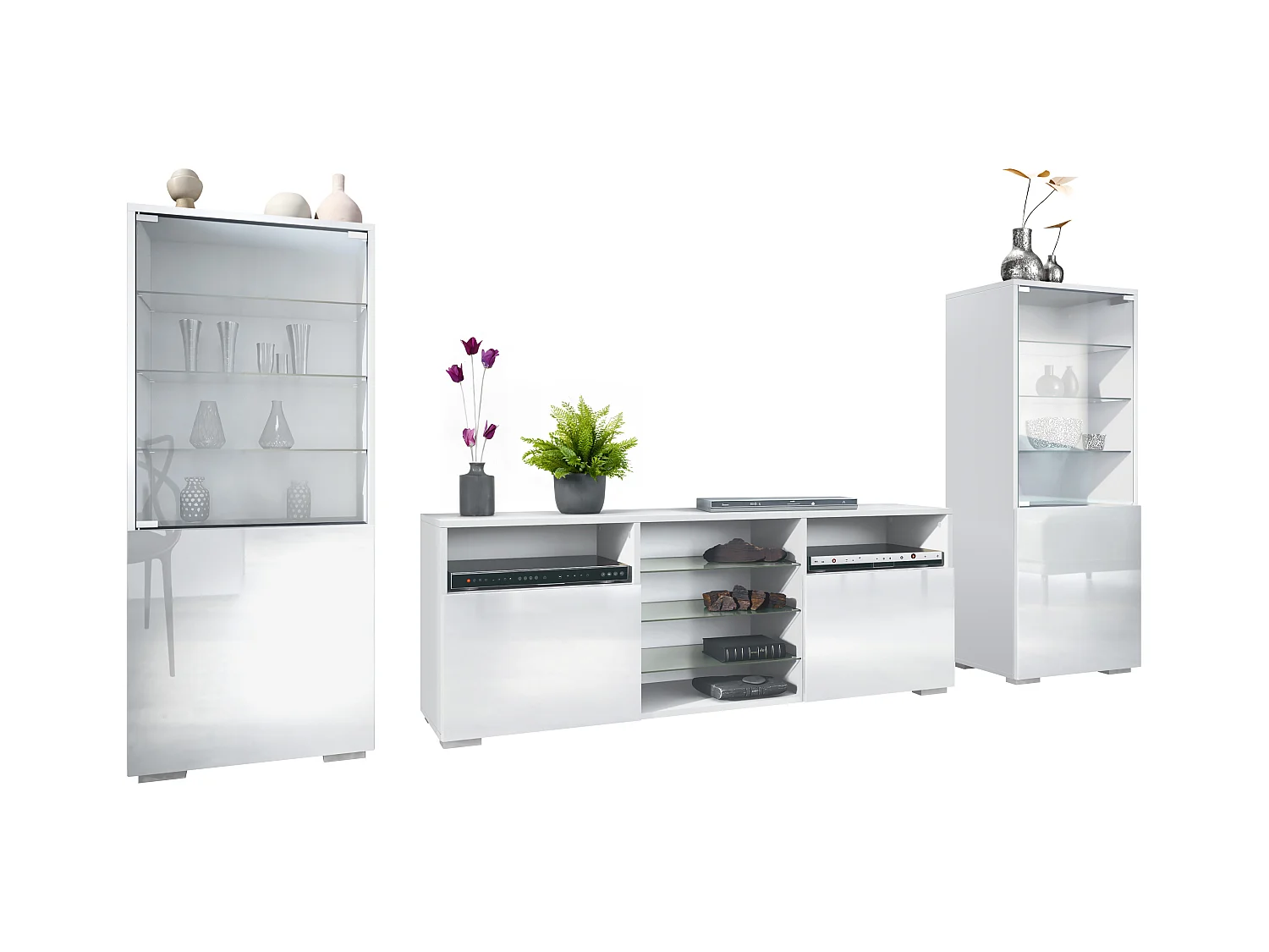 Mueble de pared Granada para sala de estar, compuesto por 2 vitrinas y 1 mueble de TV,blanco mate/blanco de alto brillo (286 x 122,5 x 35 cm)
