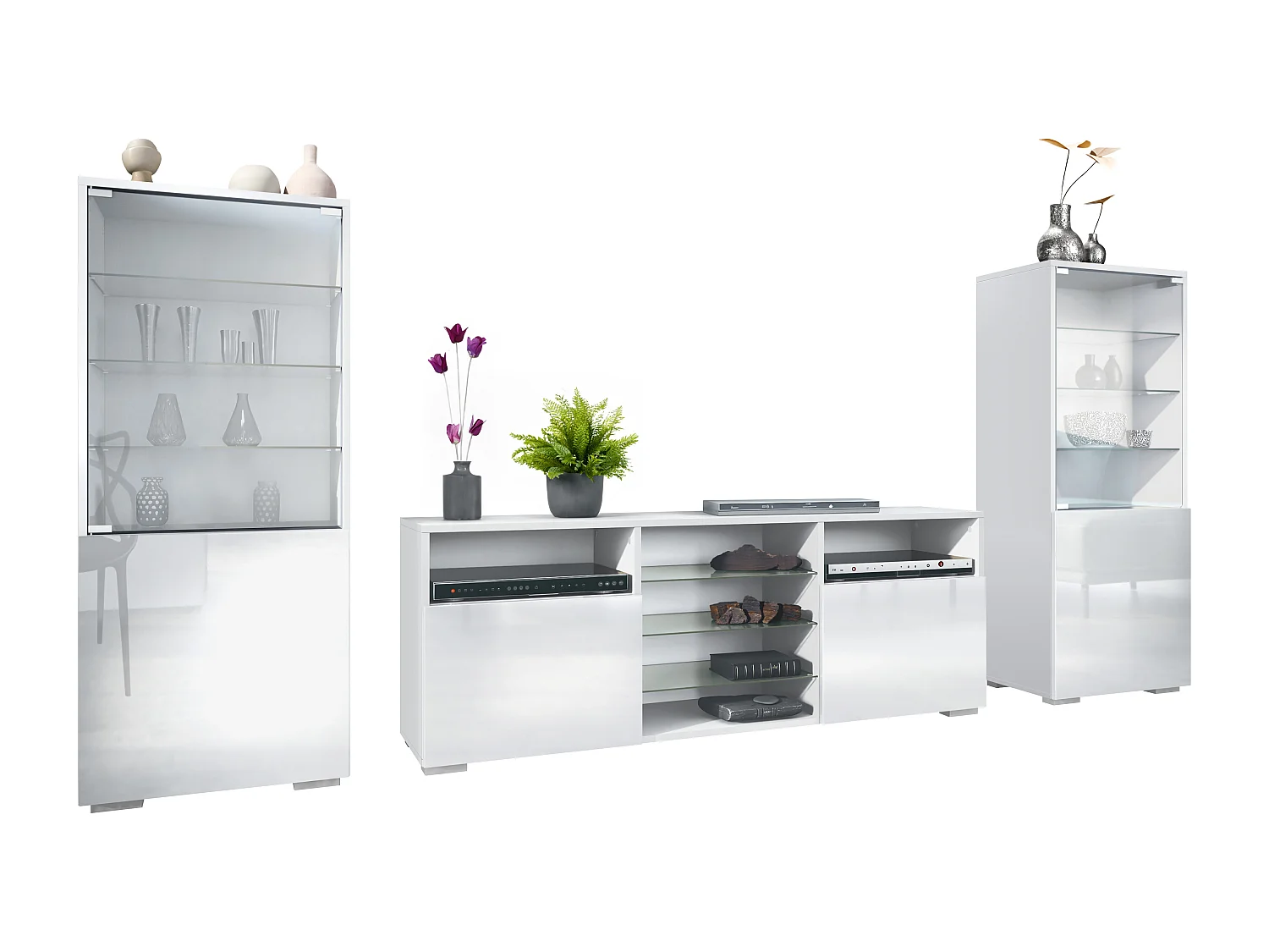 Ensemble mural Granada pour salon, comprenant 2 vitrines et 1 meuble TV, blanc mat/blanc haute brillance (286 x 122,5 x 35 cm)