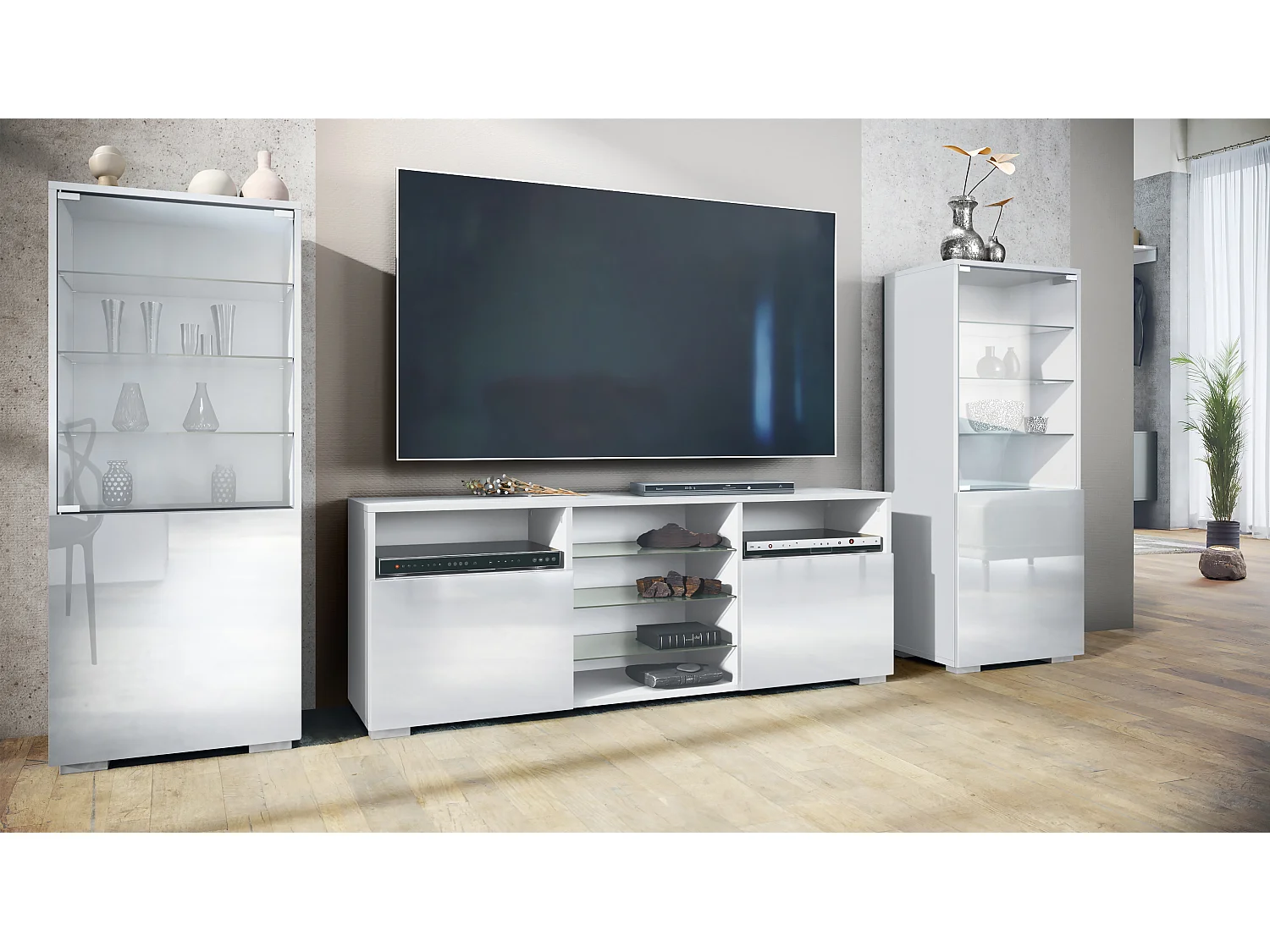 Ensemble mural Granada pour salon, comprenant 2 vitrines et 1 meuble TV, blanc mat/blanc haute brillance (286 x 122,5 x 35 cm)