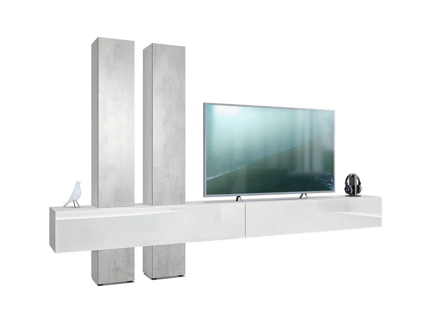 Meuble-paroi Moja de  - Blanc mat & blanc/aspect béton oxyde - Meuble-paroi moderne pour votre salon (LxHxP) 330 x 204 x 39 cm