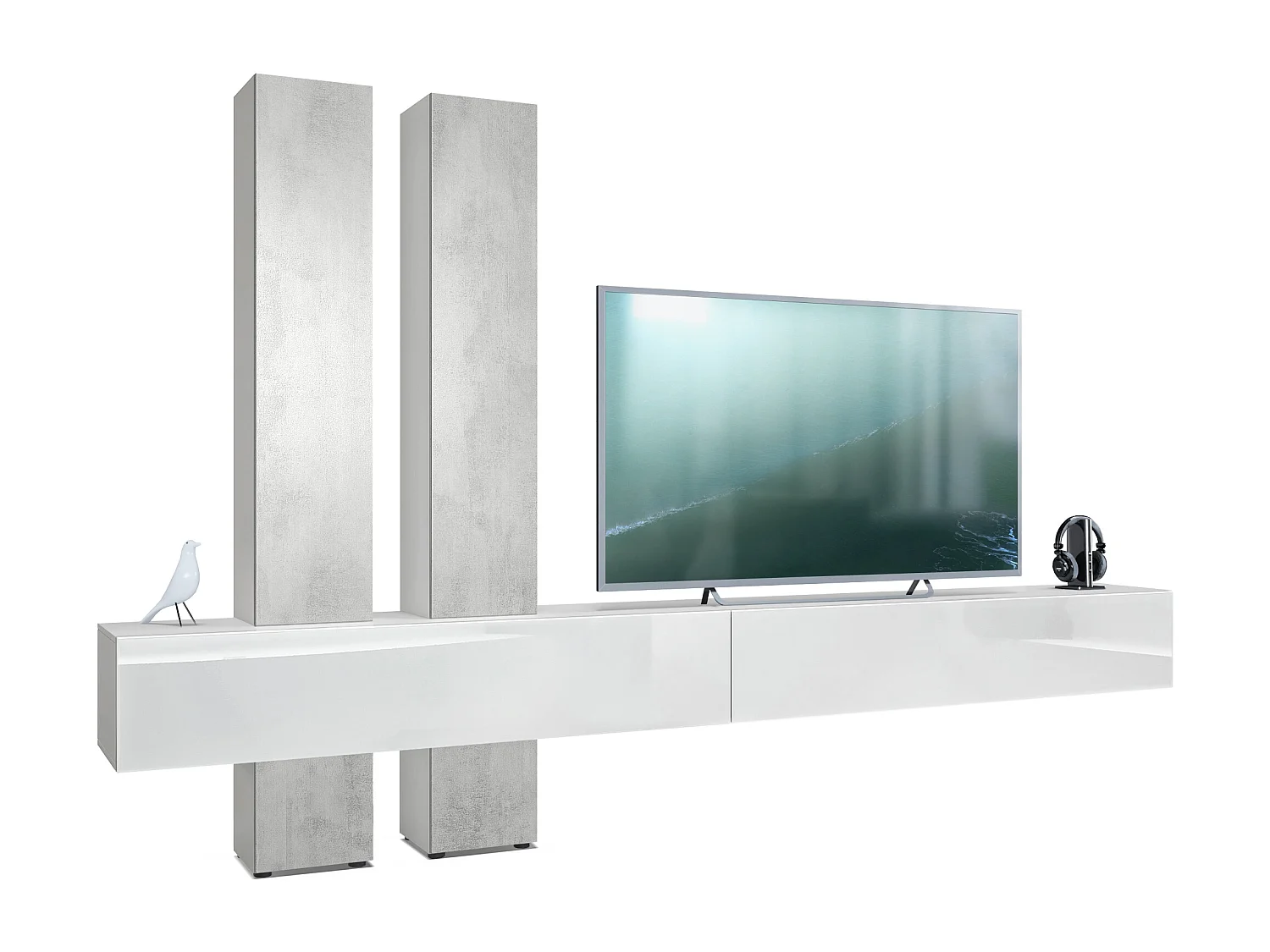 Parete attrezzata Vladon Moja - Bianco opaco & Bianco/ottica cermento ossido - Parete attrezzata moderna per il soggiorno (LxHxP) 330 x 204 x 39 cm