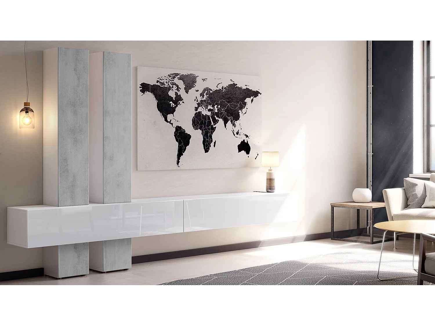 Parete attrezzata Vladon Moja - Bianco opaco & Bianco/ottica cermento ossido - Parete attrezzata moderna per il soggiorno (LxHxP) 330 x 204 x 39 cm