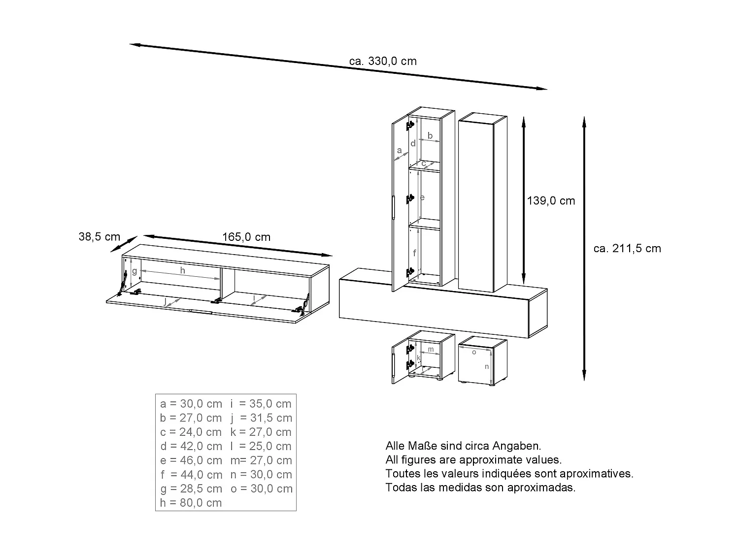 Parete attrezzata Vladon Moja - Bianco opaco & Bianco/ottica cermento ossido - Parete attrezzata moderna per il soggiorno (LxHxP) 330 x 204 x 39 cm