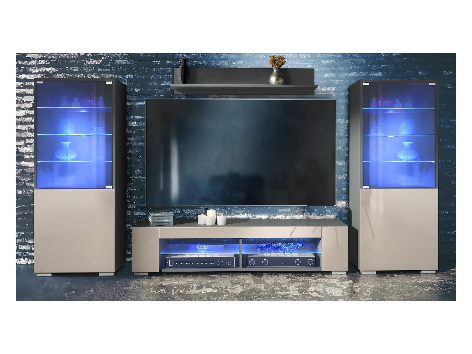 Ensemble mural Nevada V2, meuble de salon composé de 2 vitrines, 1 meuble TV et 1 étagère murale, Anthracite mat/gris sable brillant LED incluse (304,5x141x39 cm)
