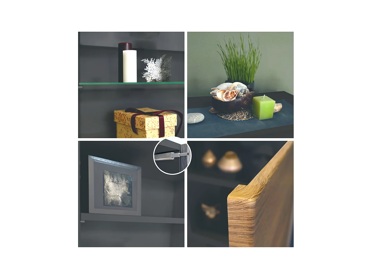 Ensemble mural Nevada V2, meuble de salon composé de 2 vitrines, 1 meuble TV et 1 étagère murale, Anthracite mat/gris sable brillant LED incluse (304,5x141x39 cm)