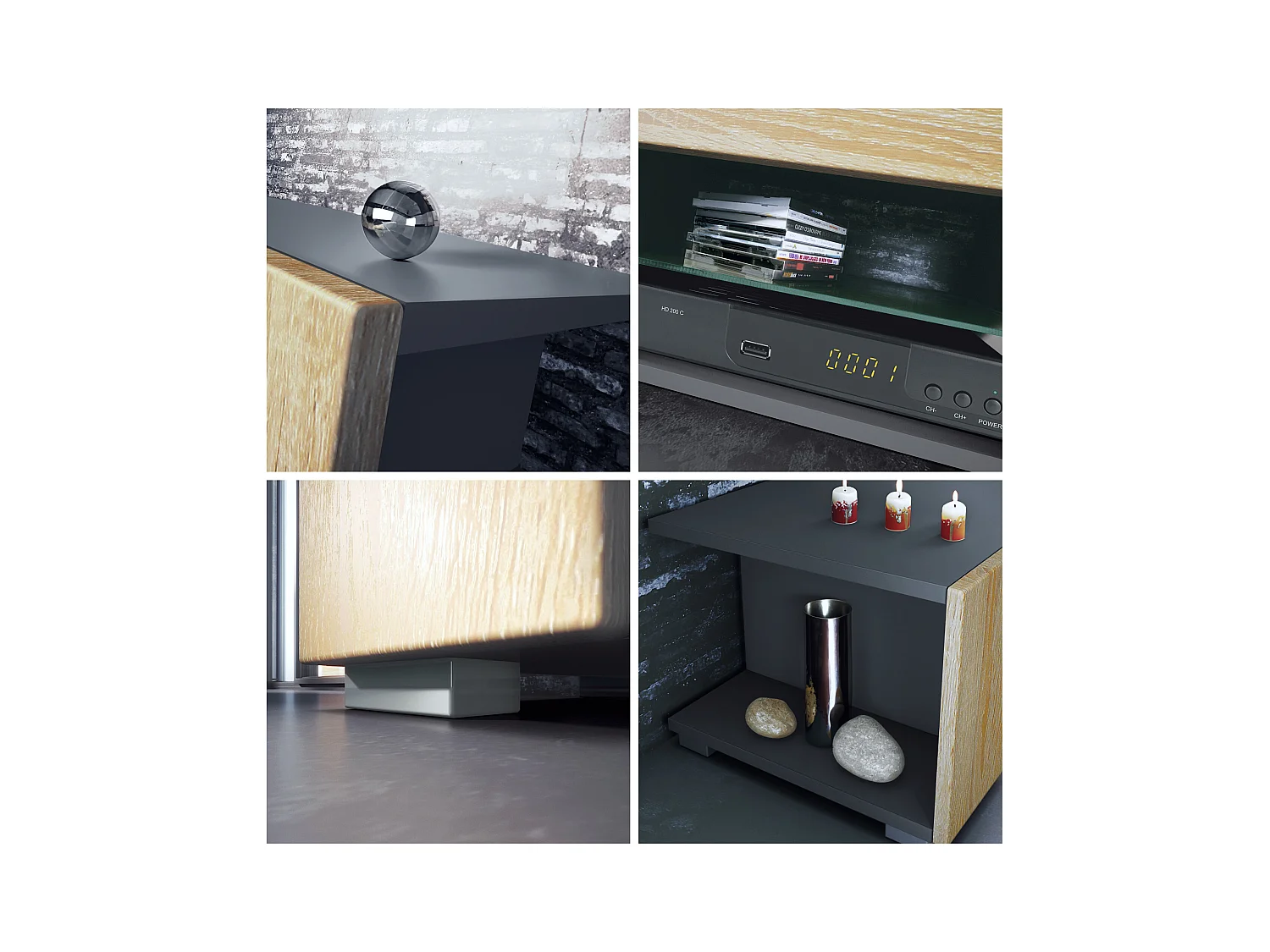 Ensemble mural Nevada V2, meuble de salon composé de 2 vitrines, 1 meuble TV et 1 étagère murale, Anthracite mat/gris sable brillant LED incluse (304,5x141x39 cm)