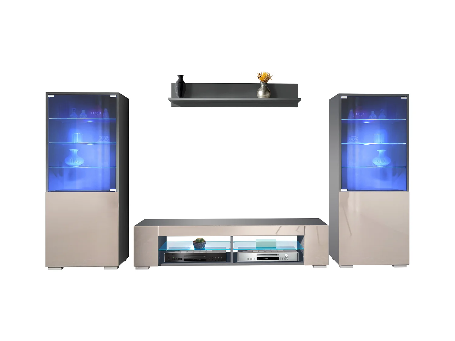 Ensemble mural Nevada V2, meuble de salon composé de 2 vitrines, 1 meuble TV et 1 étagère murale, Anthracite mat/gris sable brillant LED incluse (304,5x141x39 cm)