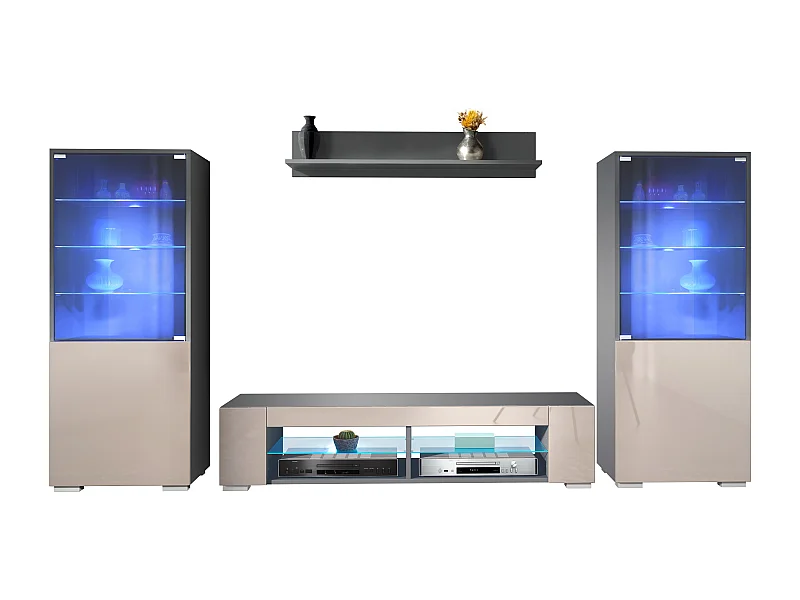 Ensemble mural Nevada V2, meuble de salon composé de 2 vitrines, 1 meuble TV et 1 étagère murale, Anthracite mat/gris sable brillant LED incluse (304,5x141x39 cm)