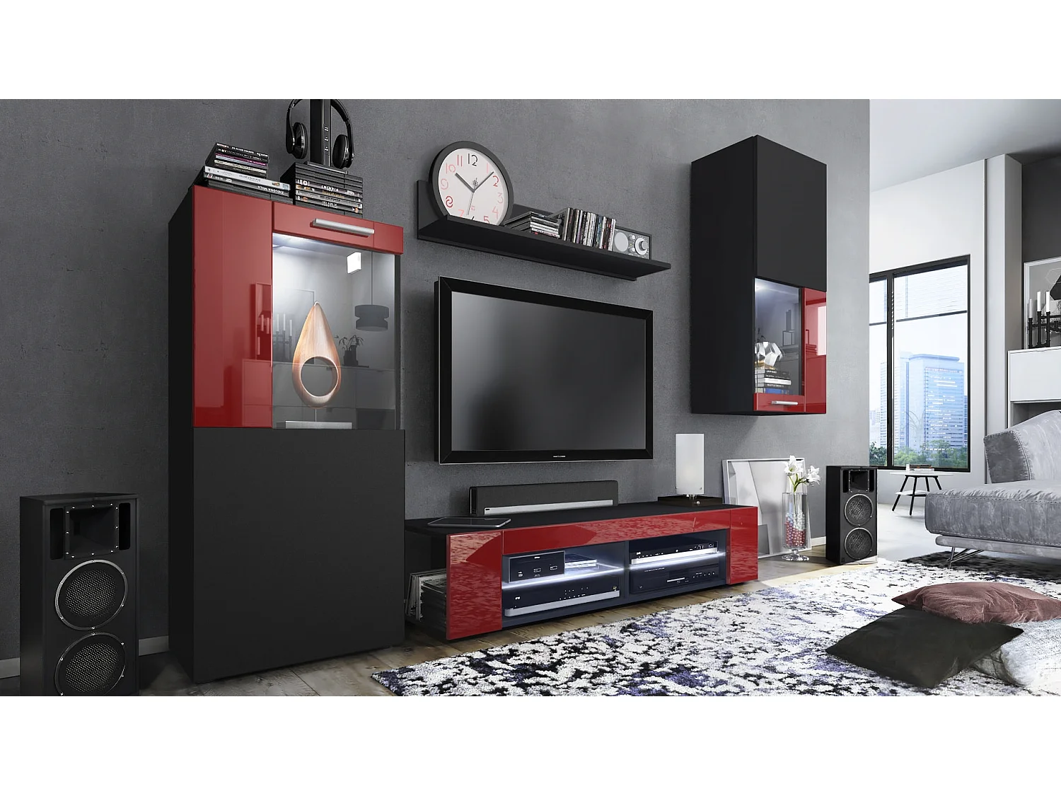 Ensemble de salon Movie comprenant 1 meuble bas TV, 2 vitrines et 1 étagère, Noir mat/Bordeaux haute brillance, (Dimensions totales : 300 x 190 x 39 cm)