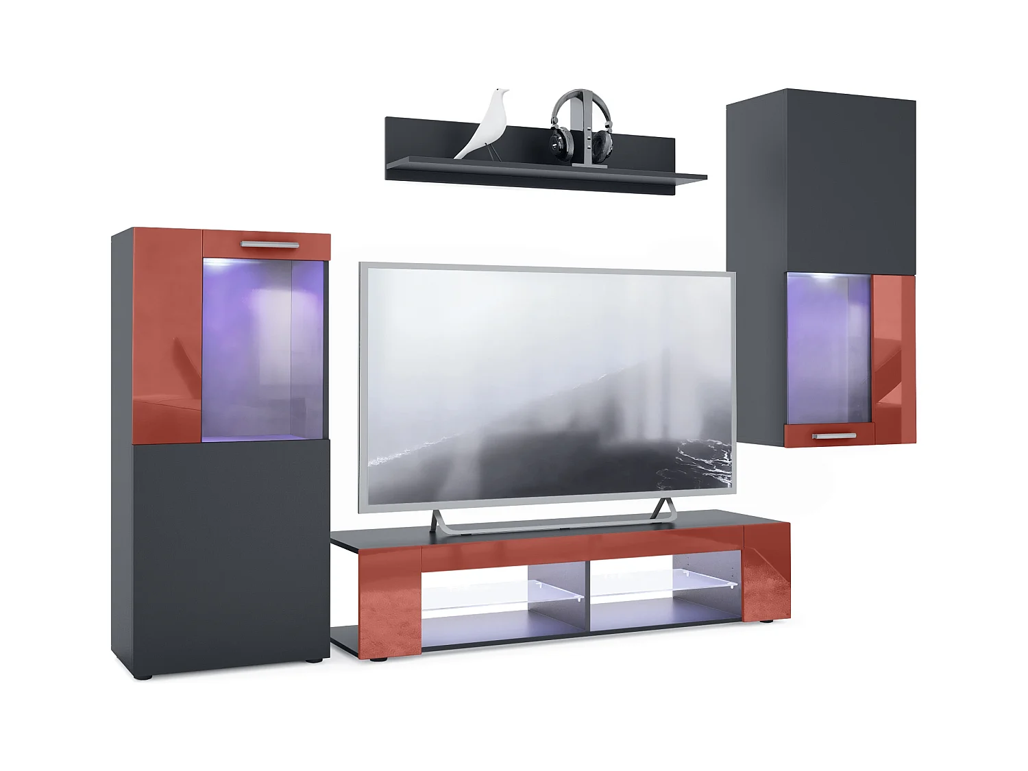 Ensemble de salon Movie comprenant 1 meuble bas TV, 2 vitrines et 1 étagère, Noir mat/Bordeaux haute brillance, (Dimensions totales : 300 x 190 x 39 cm)