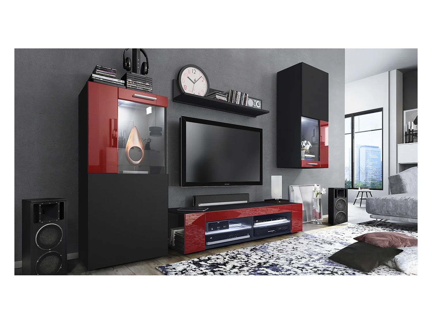 Ensemble de salon Movie comprenant 1 meuble bas TV, 2 vitrines et 1 étagère, Noir mat/Bordeaux haute brillance, (Dimensions totales : 300 x 190 x 39 cm)