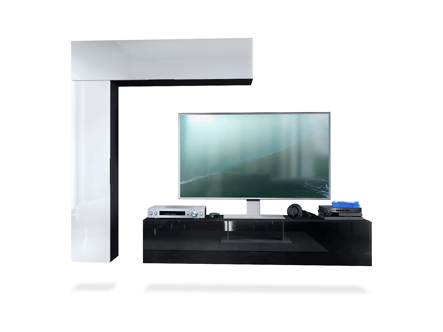 Vladon parete vivente Taurito, nero opaco/bianco lucido - Pensile moderno per il soggiorno (320 x 182 x 39 cm)