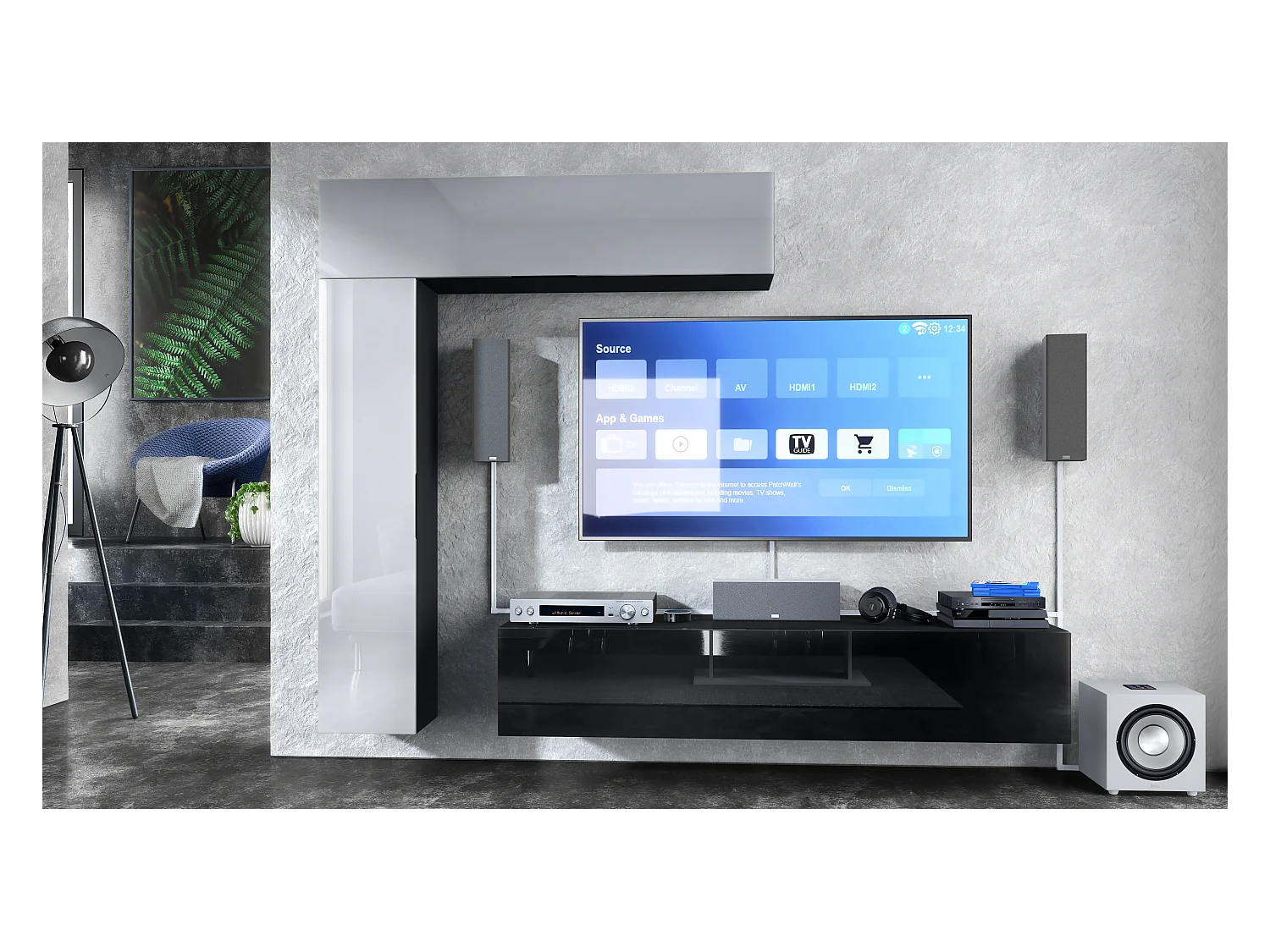 Vladon parete vivente Taurito, nero opaco/bianco lucido - Pensile moderno per il soggiorno (320 x 182 x 39 cm)