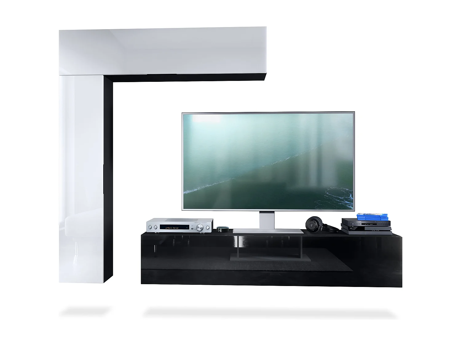 Meuble-paroi Taurito, noir mat/blanc haute brillance - Meuble-paroi moderne pour votre salon (320 x 182 x 39 cm)